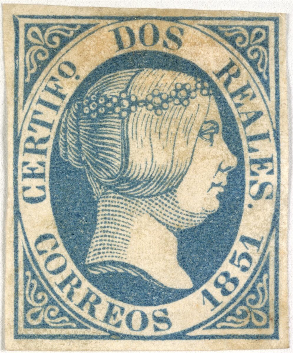 Sello de 2 reales azul de 1851 (Edifil 8)