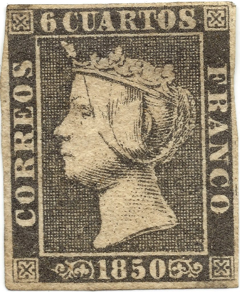 Sello de 6 cuartos negro de 1850 (Edifil 1)