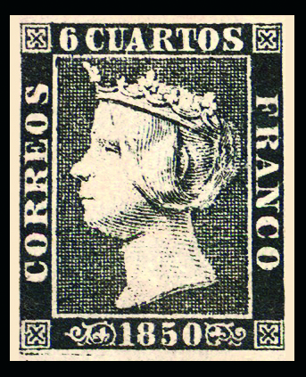 Sello de 6 cuartos negro de 1850 (Edifil 1)